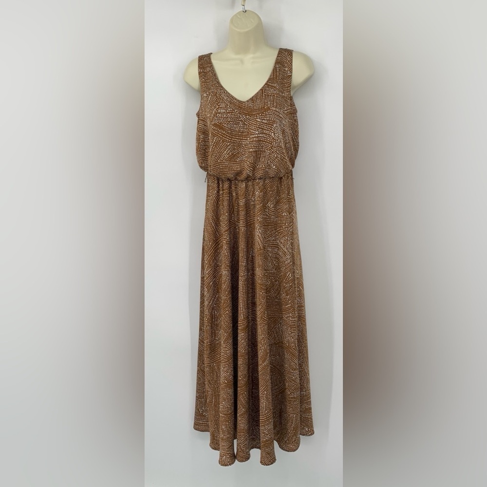 NIC+ZOE Bianca Maxi dress swirling sands shift tan white dot a-line brown new XS